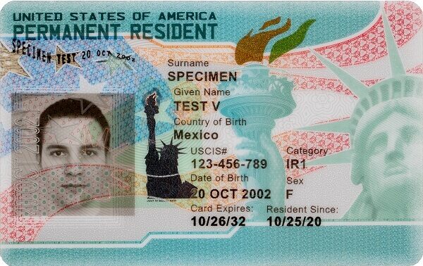 Front of a U.S. permanent resident card (green card) specimen
